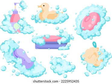 Icono plano de jabón, burbujas de jabón de gel de ducha y jabón de lavabo, ilustración vectorial