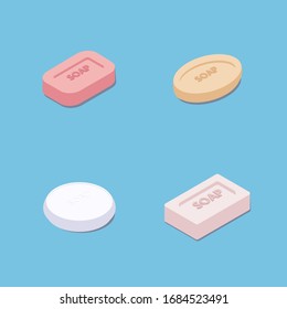 Soap flat style isometric style vector illustration. Square, round and other soap shapes. Colorful soaps. 