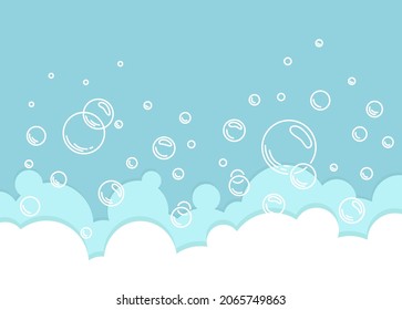 Soap foam background. Bubbles of liquid soap, foam border. Vector cartoon illustration.