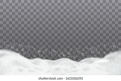 Soap foam in the bathroom with white bubbles side view isolated on a transparent background. Vector illustration of soap foam designed for cleaning laundry.