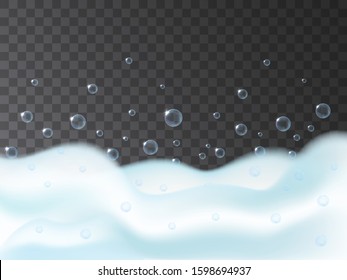 Soap foam of blue color isolated on a transparent background. Realistic soap foam with bath shampoo bubbles. Vector illustration of lather for bath and wash. Shampoo bubbles texture.