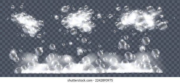Soap foam bubbles, 3D vector isolated white bath cloud set, shampoo suds, realistic laundry texture. Shower cream, cosmetic froth collection detergent on transparent background. Soap foam illustration