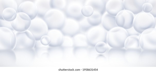 Soap foam bubbles backdrop. Clean white background with 3D realistic bubble spheres