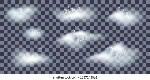 Soap foam with bubbles. Bath lather, set of isolated elements on transparent background. Vector illustration