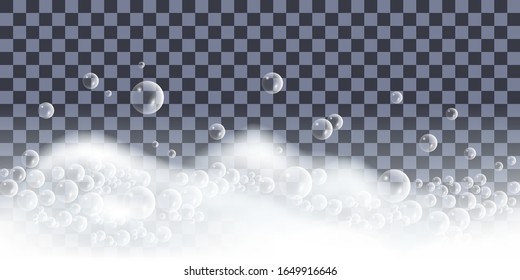 Soap foam with bubbles. Bath lather, isolated foam pattern on transparent background. Vector illustration