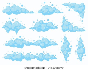 Soap foam bubbles for bath, laundry, dishwashing. Blue foam from the use of detergents. Vector illustration