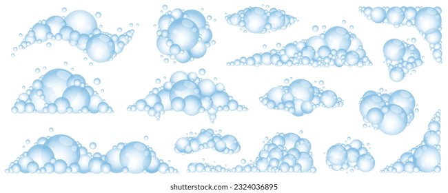 Soap foam bubbles. Cartoon bath suds of shampoo. Vector illustration isolated on white background.