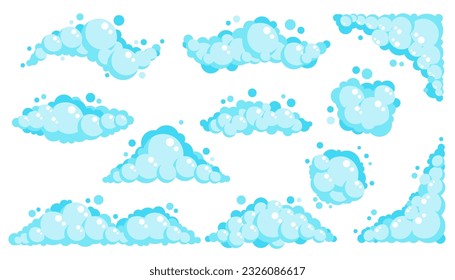 Soap foam bubbles. Cartoon bath suds of shampoo. Vector illustration isolated on white background.