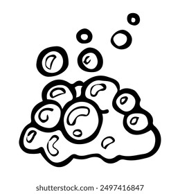 Soap foam with bubbles hand drawn doodle. Washing clothes in the laundry room. Washing floors. Vector outline line art illustration.