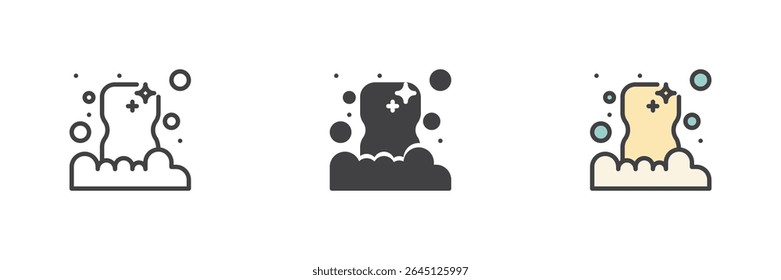 Soap with foam bubbles icon in line, solid, and colorful filled outline versions. Clean hygiene symbol, personal care illustration. Vector washing icon pack.