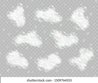 Soap Foam With Bubbles Isolated On Transparent Background. Sparkling Shampoo And Bath Lather Vector Illustration.