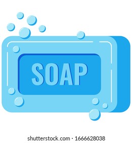 Soap with foam and bubbles isolated on white background. Piece of soap flat design cartoon style vector illustration. Blue color bar soap symbol. Hand washing hygiene concept.