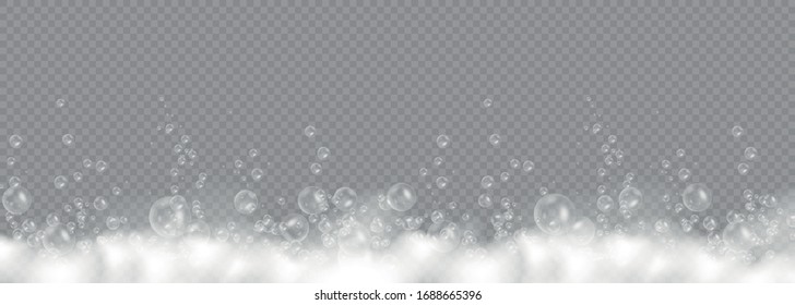 Soap foam with bubbles isolated on transparent background. Symbol of purity. Bath laundry white bubbles, shampoo soap clean bubbling shiny washing hygiene detergent. Vector illustration, EPS 10.