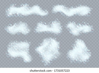 Soap foam with bubbles isolated on transparent background. Realistic sparkling shampoo, suds and bath lather vector illustration.