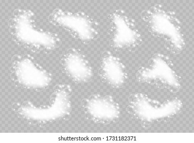Soap foam with bubbles isolated on transparent background. Realistic sparkling shampoo, suds and bath lather vector illustration.