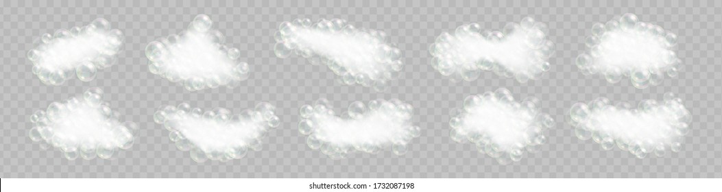 Soap foam with bubbles isolated on transparent background. Realistic sparkling shampoo, suds and bath lather vector illustration.