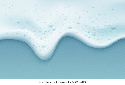 Soap foam with bubbles isolated on a blue transparent background. Shampoo bubbles texture. Vector illustration EPS10