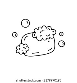 Soap with foam and bubbles isolated on white background. A body wash and personal hygiene product.  Vector hand-drawn illustration in doodle style. Perfect for cards, decorations, logo, various design