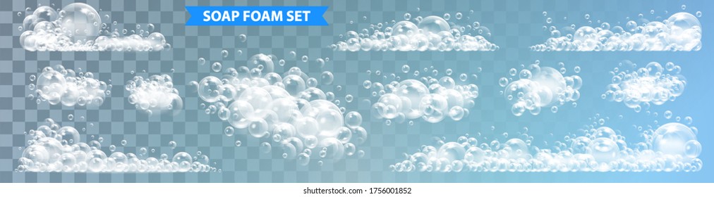 Soap foam with bubbles isolated vector illustration on transparent background