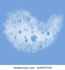 Soap foam with bubbles on blue water background. Vector illustration