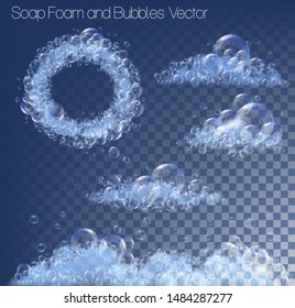 Сollection with soap foam and bubbles on transparent background. Vector illustration