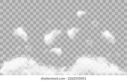 Soap foam and bubbles on transparent background. Vector illustration