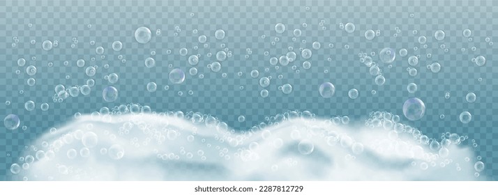 Espuma de jabón y burbujas sobre fondo transparente. Ilustración del vector