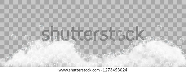 Soap foam and bubbles on transparent\
background. Vector\
illustration