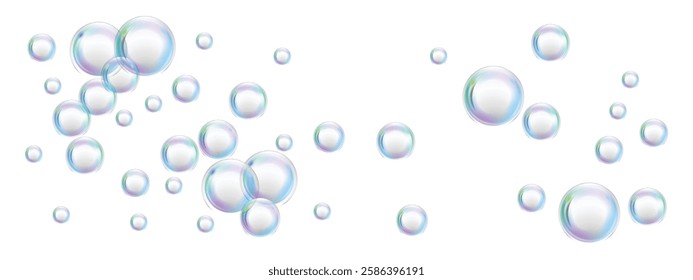 Soap foam bubbles on a white background. Iridescent round particles. Rainbow crystal glass balls. Realistic background with water balloons flying in the air. Vector 3D illustration