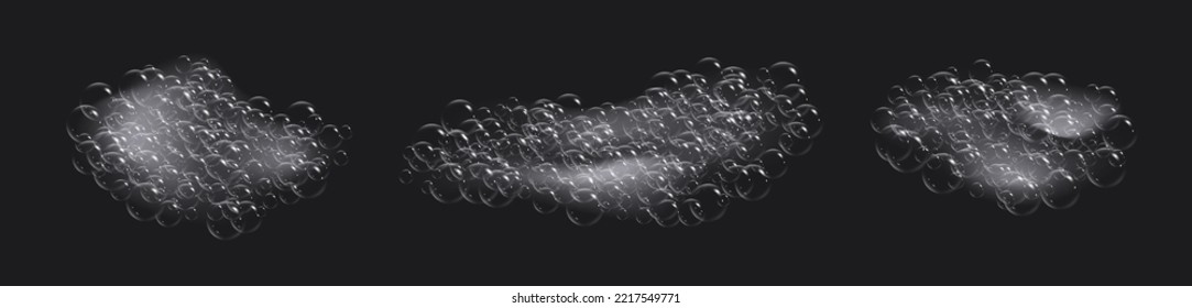 Soap foam with bubbles, realistic sparkling shampoo, bath lather texture, liquid laundry detergent effect isolated on a dark background. Vector illustration.