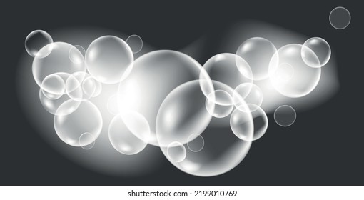 Soap foam bubbles. Realistic white glowing mockup isolated on white background
