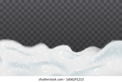 Soap foam with bubbles from shampoo isolated on a transparent background. Vector illustration texture soap foam with bath bubbles. Shiny detergent for hygiene.