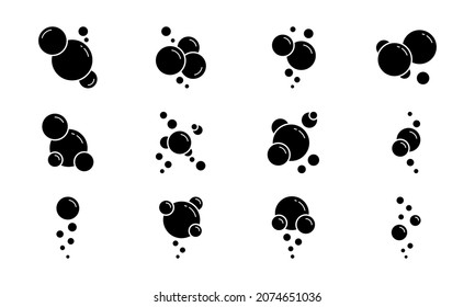 Soap Foam Bubbles Silhouette Icon Set. Black Water Circle Bubbles in Different Shapes Pictogram. Fizzy Drink, Laundry, Soda Water, Cleaning Concept. Isolated Vector Illustration.