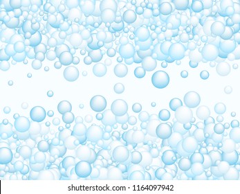 Soap foam bubbles vector concept, abstract shampoo soapy effect background. Water and detergent foam bubbles illustration. Round circle blue elements background for hygiene cosmetics soap or shampoo.