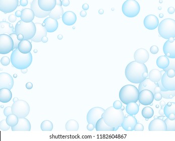 Soap foam bubbles vector concept, abstract shampoo soapy effect background. Water and detergent foam bubbles frame. Round circle blue elements background for hygiene cosmetics soap or shampoo.