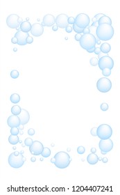 Soap foam bubbles vector concept, abstract shampoo soapy effect background. Water and detergent foam bubbles frame. Round circle blue elements background for hygiene cosmetics soap or shampoo.