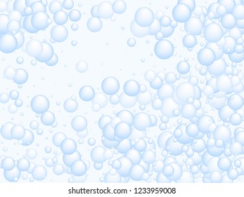 Soap foam bubbles vector concept, abstract shampoo soapy effect background. Water and detergent foam bubbles frame. Round circle blue elements background for hygiene cosmetics soap or shampoo.