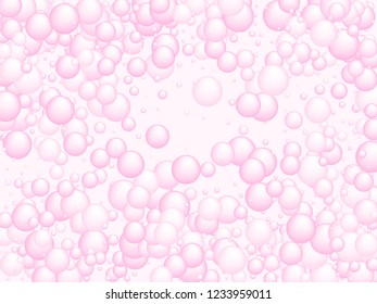 Soap foam bubbles vector concept, abstract shampoo soapy effect background. Water and detergent foam bubbles illustration. Blurry pink circles elements background for hygiene cosmetics soap or shampoo