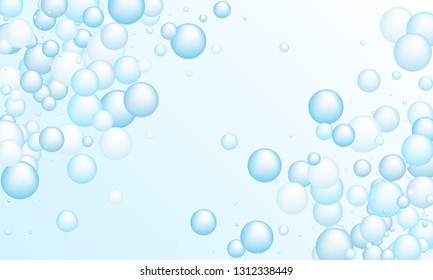 Soap foam bubbles vector concept, abstract shampoo soapy effect background. Water and detergent foam bubbles frame. Round circle blue elements background for hygiene cosmetics soap or shampoo. 