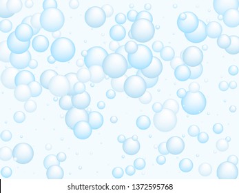 Soap foam bubbles vector concept, abstract shampoo soapy effect background. Water and detergent foam bubbles frame. Round circle blue elements background for hygiene cosmetics soap or shampoo. 