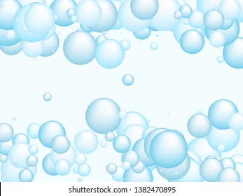 Soap foam bubbles vector concept, abstract shampoo soapy effect background. Water and detergent foam bubbles frame. Round circle blue elements background for hygiene cosmetics soap or shampoo.