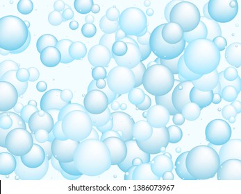 Soap foam bubbles vector concept, abstract shampoo soapy effect background. Water and detergent foam bubbles frame. Round circle blue elements background for hygiene cosmetics soap or shampoo.