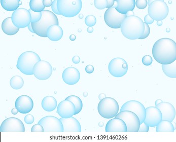 Soap foam bubbles vector concept, abstract shampoo soapy effect background. Water and detergent foam bubbles frame. Round circle blue elements background for hygiene cosmetics soap or shampoo.