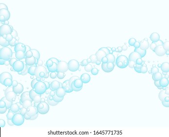 Soap Foam Bubbles Vector Concept, Abstract Shampoo Soapy Effect Background. Water And Detergent Foam Bubbles Frame. Round Circle Blue Elements Background For Hygiene Cosmetics Soap Or Shampoo.