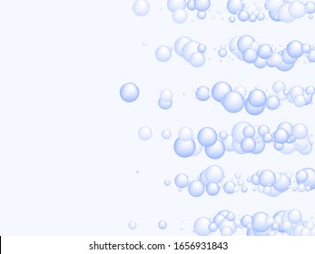 Soap foam bubbles vector concept, abstract shampoo soapy effect background. Water and detergent foam bubbles frame. Round circle blue elements background for hygiene cosmetics soap or shampoo.