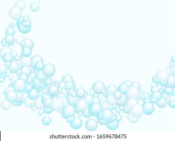 Soap foam bubbles vector concept, abstract shampoo soapy effect background. Water and detergent foam bubbles frame. Round circle blue elements background for hygiene cosmetics soap or shampoo.