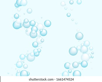 Soap foam bubbles vector concept, abstract shampoo soapy effect background. Water and detergent foam bubbles frame. Round circle blue elements background for hygiene cosmetics soap or shampoo.