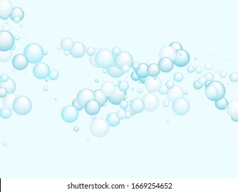 El concepto vectorial de las burbujas de espuma de jabón, fondo abstracto de efecto de jabón de champú. El marco de las burbujas de espuma de agua y detergente. Fondo redondo de elementos azules para la higiene cosmética jabón o champú.