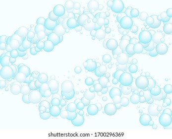 Soap foam bubbles vector concept, abstract shampoo soapy effect background. Water and detergent foam bubbles frame. Round circle blue elements background for hygiene cosmetics soap or shampoo.