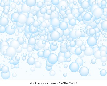 Soap foam bubbles vector concept, abstract shampoo soapy effect background. Water and detergent foam bubbles frame. Round circle blue elements background for hygiene cosmetics soap or shampoo.